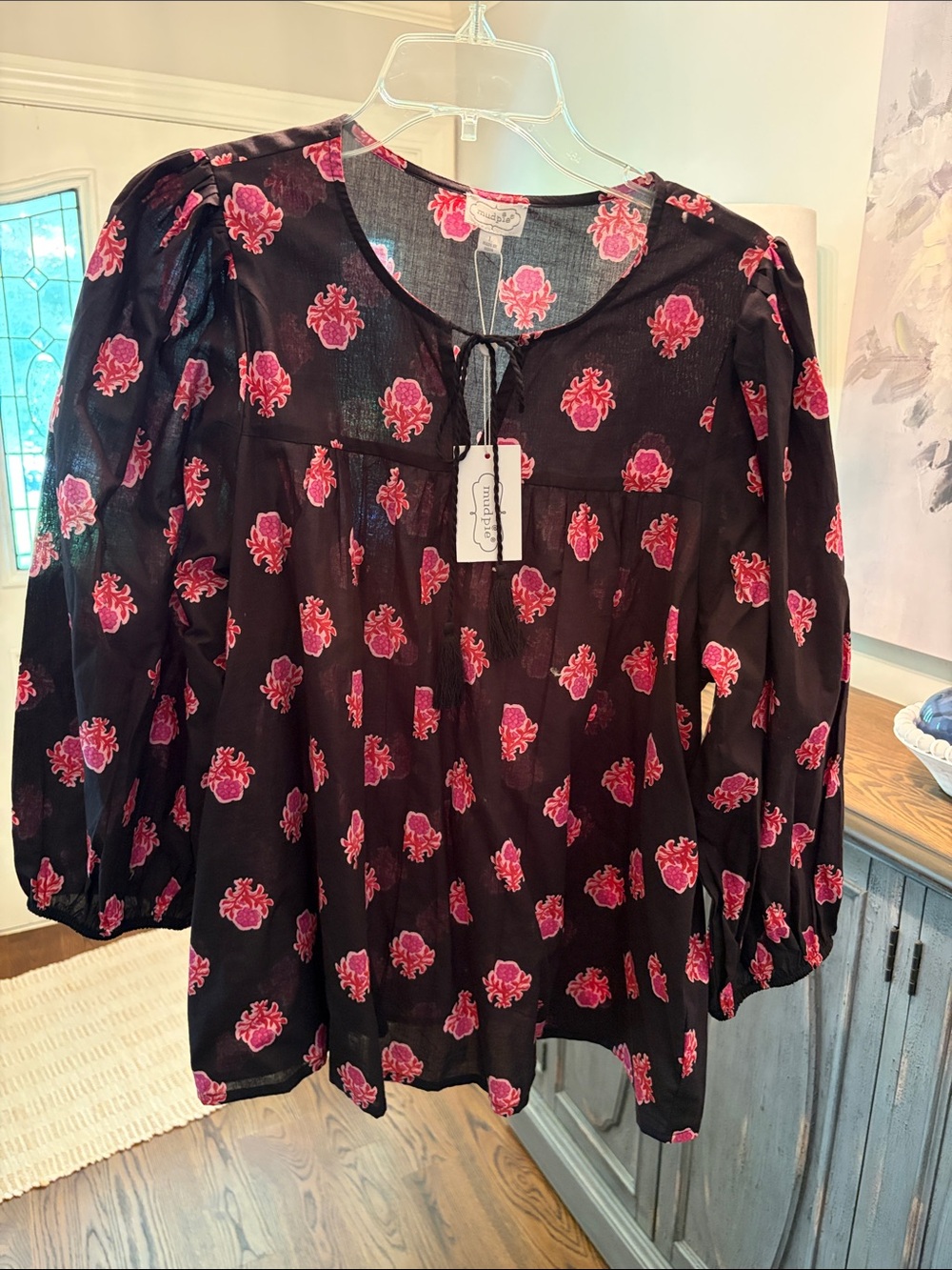 Mud Pie Black Blouse with Pink Floral Print